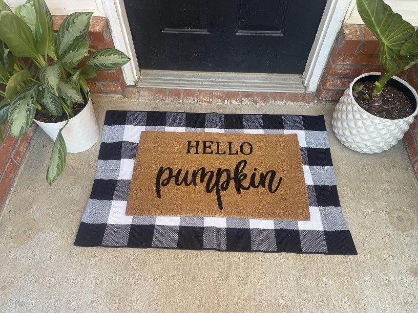 Fall Themed Door Mat Combo: Coco Coir Welcome Mat & Orange Plaid Doormat