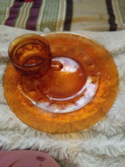 vintage Indiana Glass / Colony Glass Amber King’s Crown Thumbprint Snack Set set of 6,