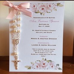 10 PINK ROSES baptism christening favor cards with rosary