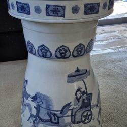 STUNNING Heavy Blue & White Porcelain Drum Stool – Hand‑Painted, 19”