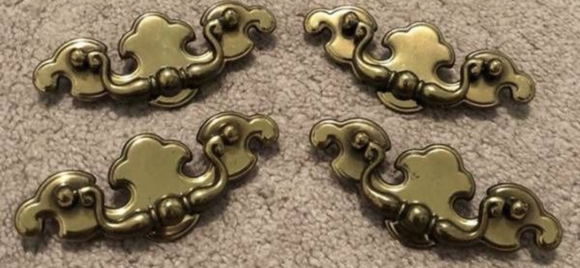 Vintage Set Of 4 Swan Neck Brass Drop Bail Pull Handles Knobs With Screws DIY Project