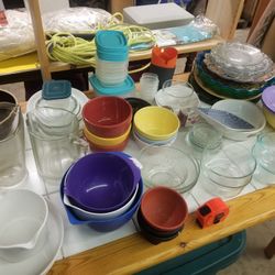 Lots Of Pyrex Bowl, Fine Glass Platrrs, Deviled Egg Platters, and Fiesta Colored Bowls, Etc.