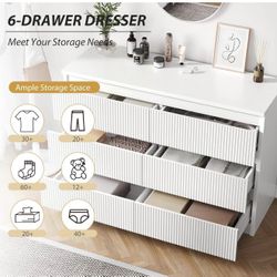 White 6 Drawer Dresser for Bedroom, Modern Fluted Dresser with Deep Drawers, Large Double Wooden Chest of Drawers for Living Room, Hallway