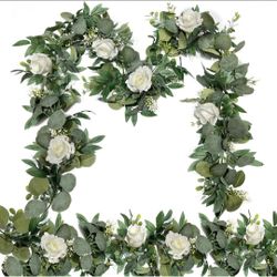 New 2 Pack Artificial Spring Eucalyptus Flower Garland with White Roses,