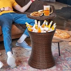 Cool Bar Rattan Style Outdoor Patio Pool Cooler Table Adjustable Height with Ice Bucket