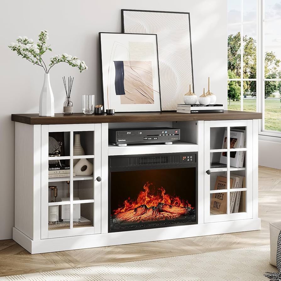59" Fireplace TV Stand, Entertainment Center with 23" Electric Fireplace, TV Table for TVs up to 65 Inch, Media Console Cabinet with Storage and Glass