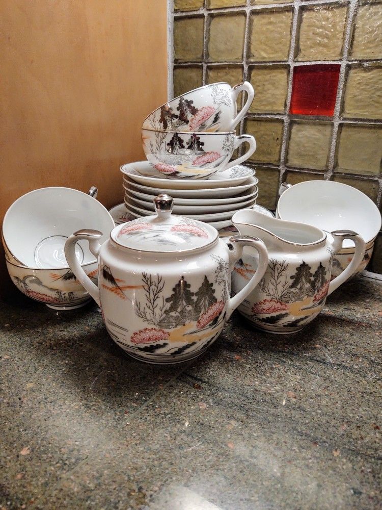 Vintage Hand Painted Lithopane Geisha Girl Tea Set