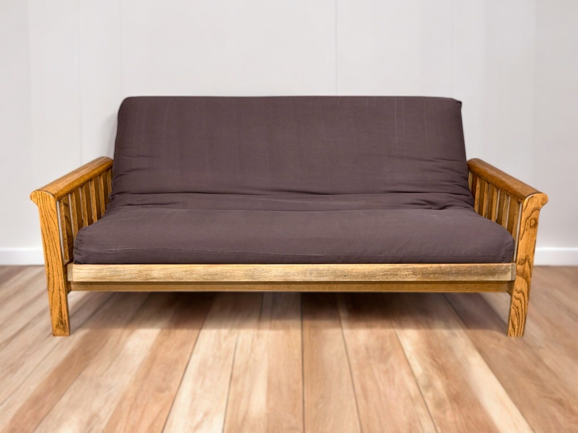 Brown Solid Wood Slatted Full Size Futon Bed w/ Thick Pad