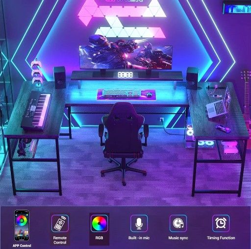 Unikito 130 Inch Computer Desk, DIY Sturdy U Shaped Office Desk with Smart Strip Light