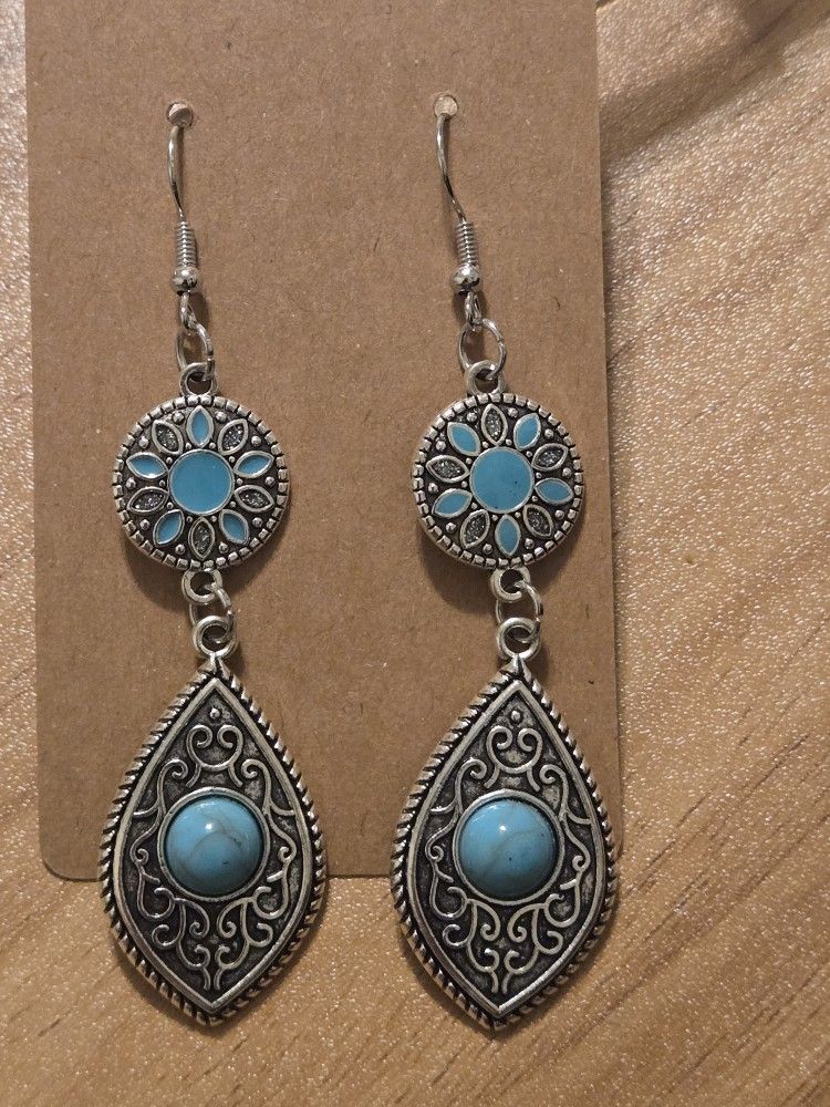 Turquoise Chic Earrings Bohemian Boho Silver Hook Dangle Handmade NEW