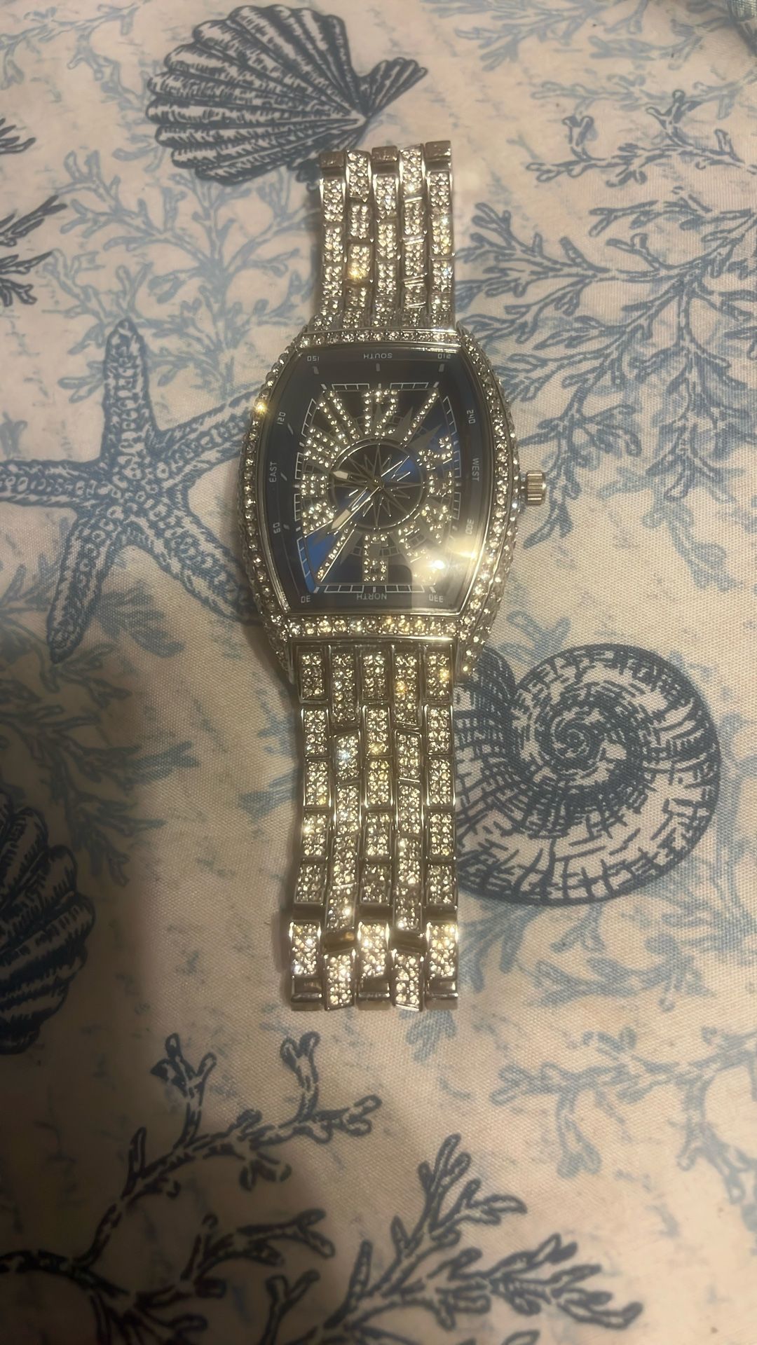 Men Ice Out Watch Quartz Waterproof Stainless Steel Diamond Silver Blue Dial NEW