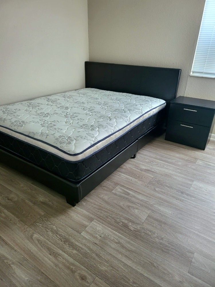 NEW QUEEN BED FRAME IN BOX PLUS A NIGHT STAND MATTRESS SOLD SEPARATELY