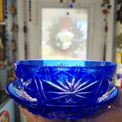 2 Vintage Biho Cobalt Blue Cut To Clear Crystal Dishes 
