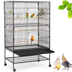 Yaheetech 52''H Metal Rolling Bird Cage with 3 Perches & 4 Feeders & Extra Storage Shelf, Black