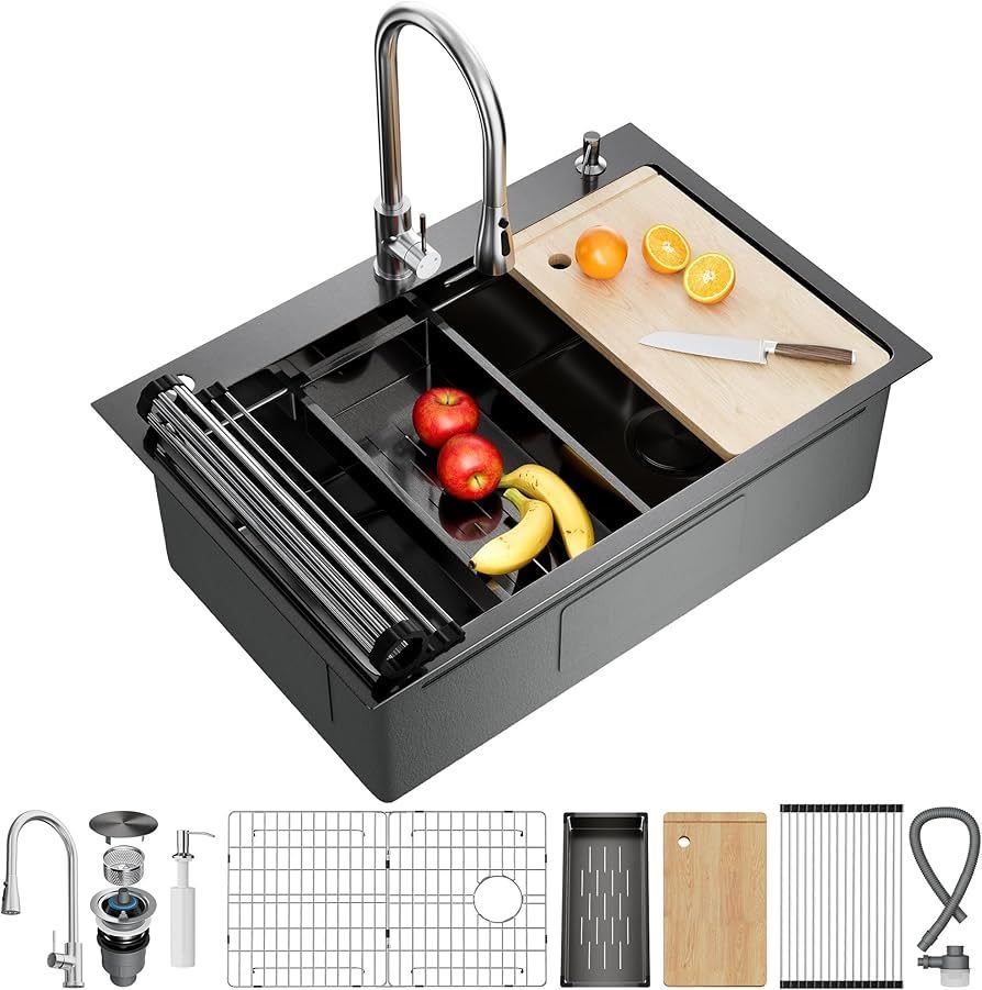 B678 $150 33X22 Drop In Kitchen Sink, Nano 304 Stainless Steel Workstation Sink, Pop-Up Drain, Upgraded Fast Drain & Anti-Clog, Topmount Single Bowl