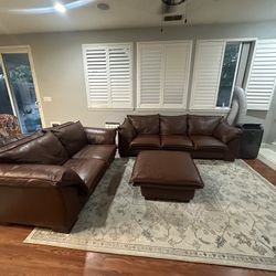 Real Brown Leather Couches And Ottoman 