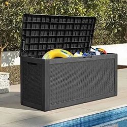 150 Gallon Large Resin Deck Box, Outdoor Storage Container for Patio Furniture Cushions Garden Tools Pool Toys Sports Equipment Waterproof Lockable St