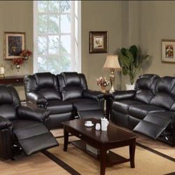 Brand New Black Leather 3pc Reclining Sofa Set 