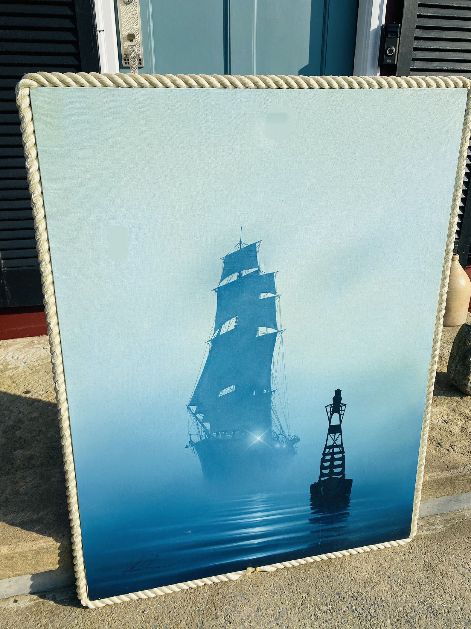 Vintage Ship at sea on canvas in a rope frame 32“ x 43“ amazing piece in Great shape can deliver