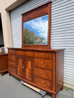 MCM Walnut Lowboy Dresser With Mirror by Somerton