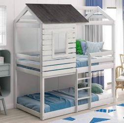 Kids Wooden Bunk Bed with Playhouse Roof
