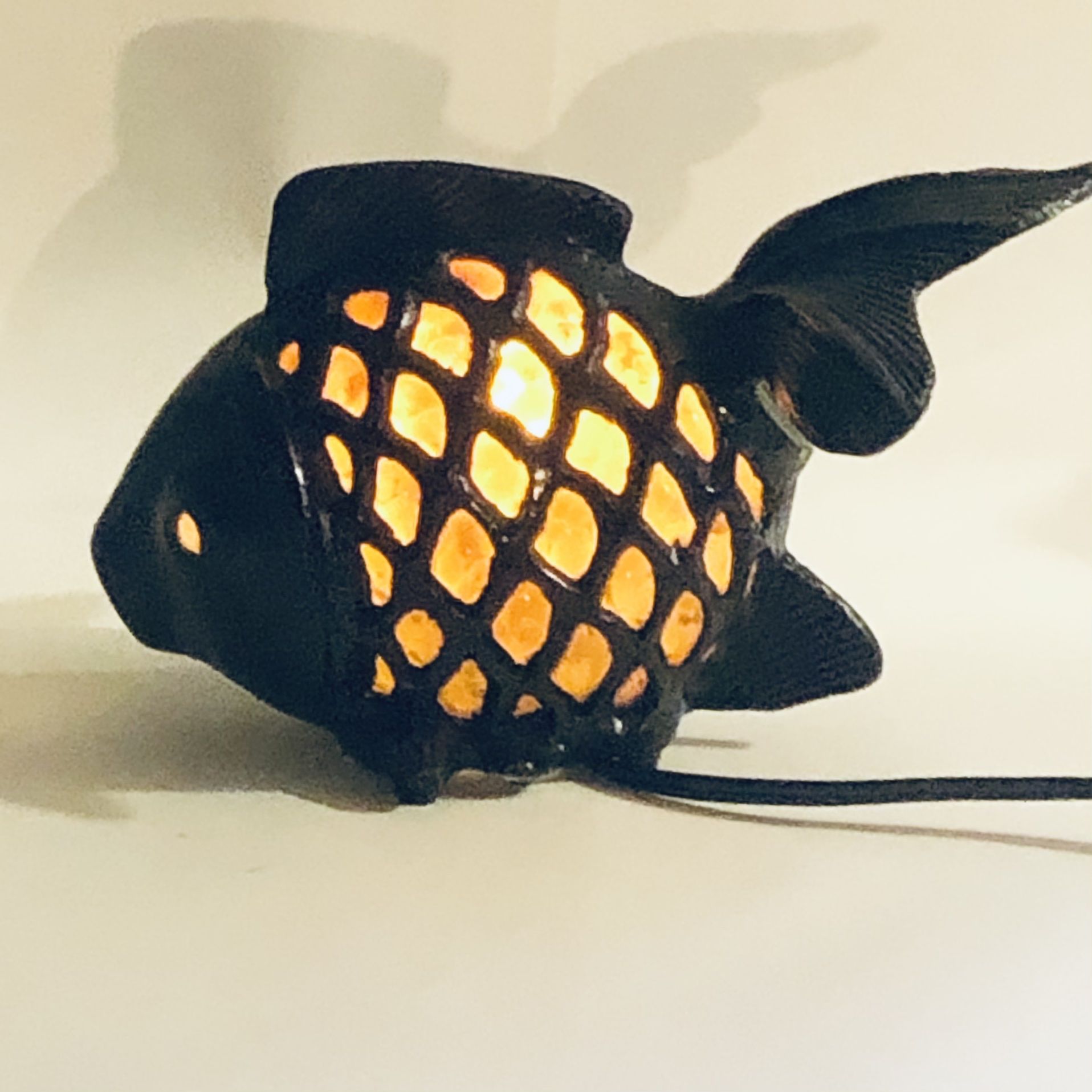 Cast Iron Fish Night Light Lamp Amber Blown Glass 6”T X 14”W
