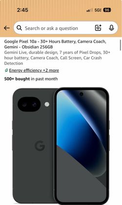 Google Pixel 10a - 30+ Hours Battery, Camera Coach, Gemini - Obsidian 256GB Gemini Live, durable design, 7 years of Pixel Drops, 30+ hour battery, Cam