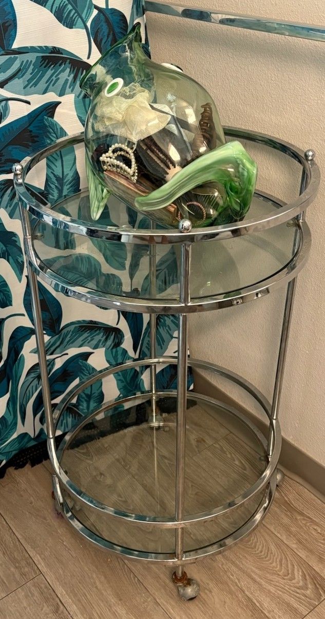 Chrome Metal Night Stand W/ Glass Shelves