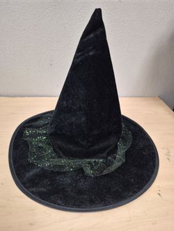 Black Velvet Witch Hat with Green Glitter Trim