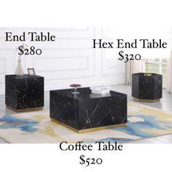 Black Marble With Gold Accent Trim Coffee Table $520 End Table $280 Hexagon End Table $320 Each Piece Sold Separately Brand New In Box Firm Prices