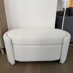 Ivory White Boucle Upholstered Oval Storage Bench