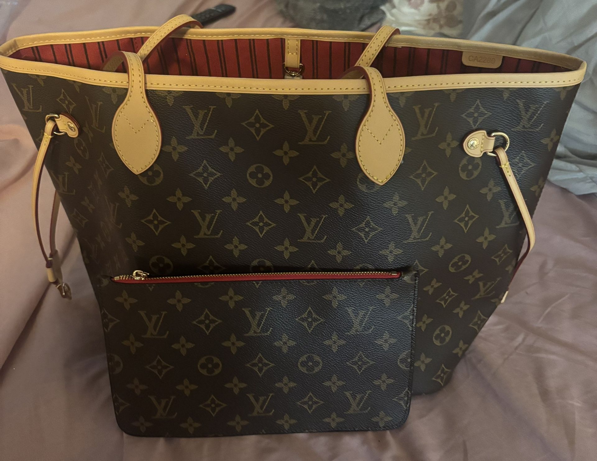 Neverfull MM Cherry Monogram Bag With Wallet