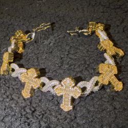 Two Tone Iced Out Moissanite Cross Bracelet 