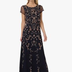 Adrianna Papell Women's Beaded Blouson Long Dress, Navy/Rosegold size