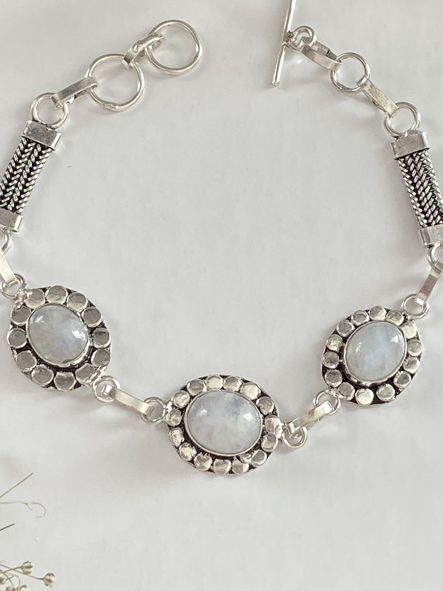 Handcrafted natural rainbow moonstone 925 sterling silver overlay bracelet