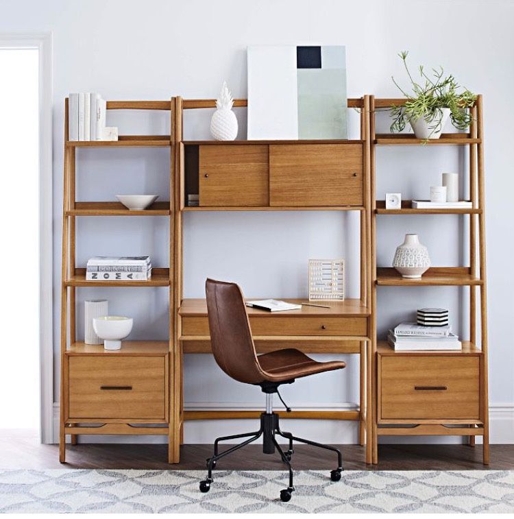 West Elm Mid-Century Wall Desk And Shelves With Filing Cabinets (Acorn Color)