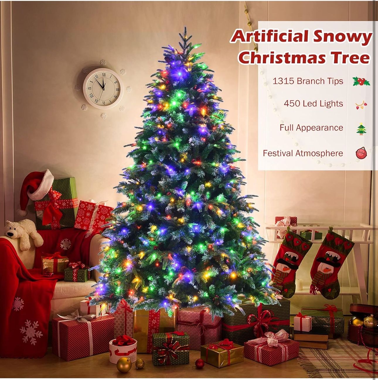 Goplus 7FT Pre-Lit Artificial Christmas Tree, Hinged Realistic Snowy Xmas Pine Tree W/ 450 Color Changing LED Lights, 11 Flash Modes, Pine Cones and R