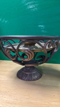 Tuscan Bronze Pedestal Centerpiece Bowl - Ornate Scrolled Metal Tray