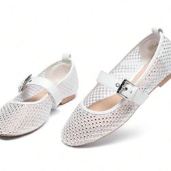 Women's Mesh Ballet Flats With Lace-Up, Comfortable Ballet Style Flat Shoes（size 6）