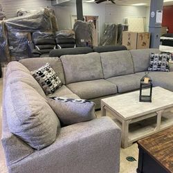 Ballinasloe Gray Sectional

Chaise: 39"W x 60"D x 39"H - 96lbs
Loveseat: 64"W x 38"D x 39"H - 87lbs.
Sofa: 92"W x 38"D x 39"H - 140lbs