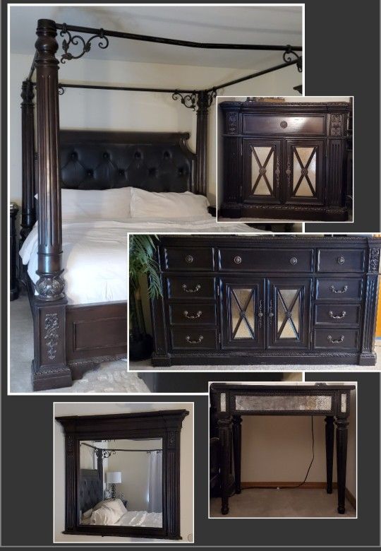 King size bedroom set, Canopy bed, Dresser with Mirror, Nightstand, Bedside Table
