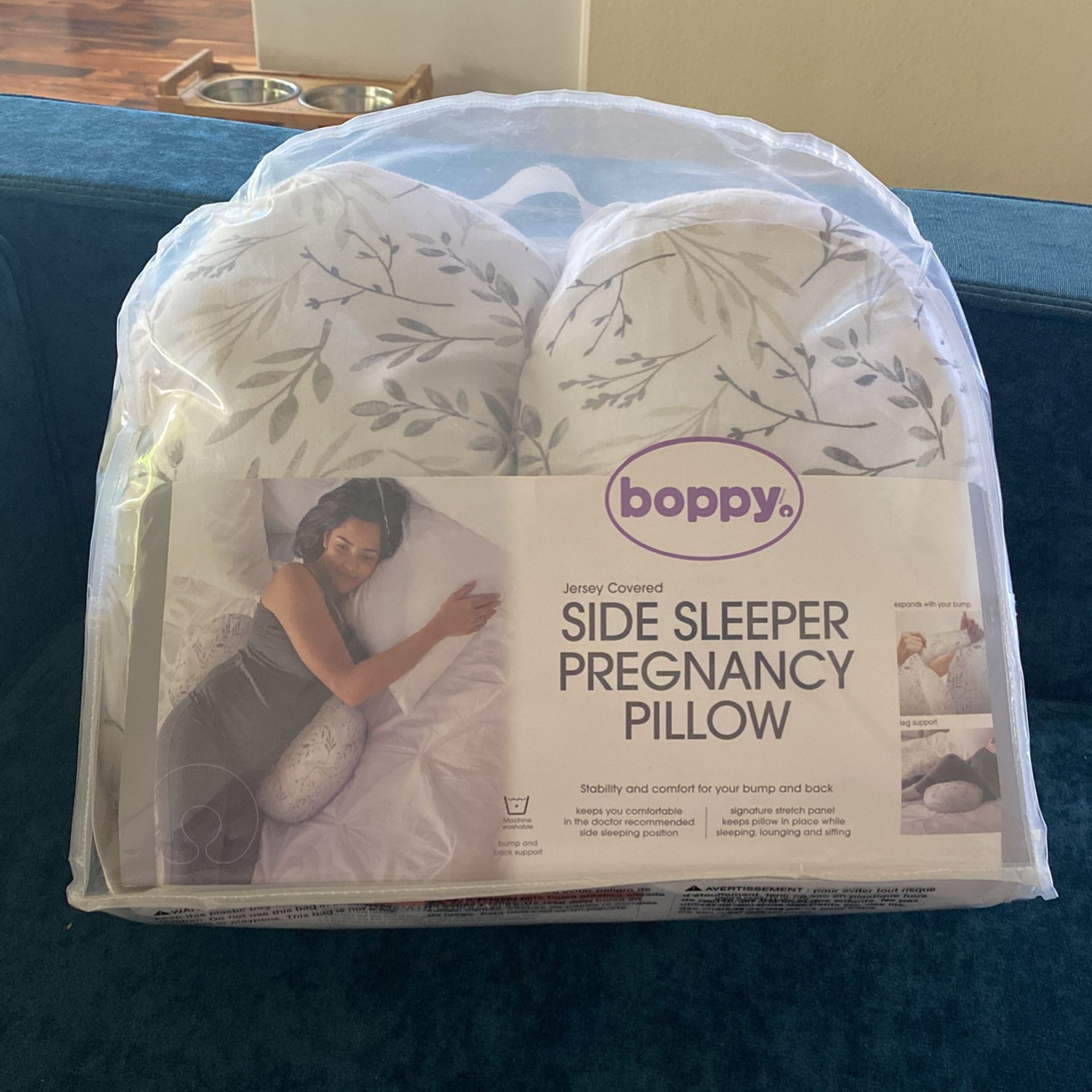 Boppy Side Sleeper Pregnancy Pillow with Removable Jersey Pillow Cover,  Gray Falling Leaves, Compact Stay-Put Design with Signature Stretch Panel