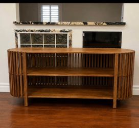 Wood Slatted Oval Console Sideboard with Shelves