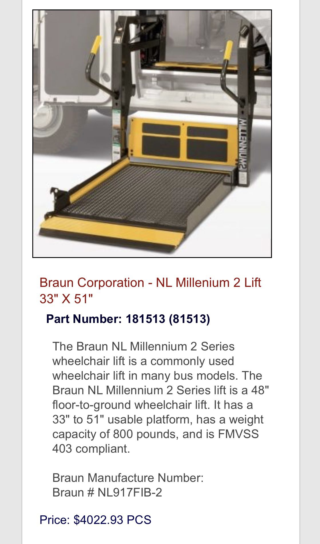 BraunAbility Wheelchair Lift 33"x 51" for Bus / Van