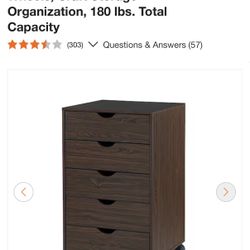 Espresso 5-Drawer Chest, Wood Storage Dresser Cabinet with Wheels, Craft Storage Organization, 180 lbs. Total Capacity