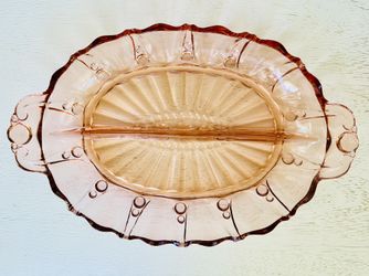 Pink Depression Glass Oval Relish Dish With 2 Sections And Handles 