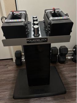 POWER BLOCKS DUMBBELL WEIGHTS SELECT 5-50 LBS WITH STORAGE RACK $320 FIRM. IN GREAT CONDITION