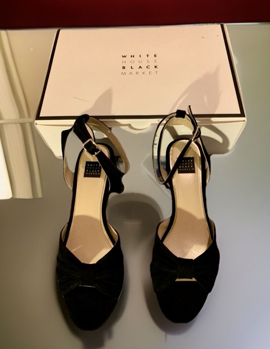 NEW WHBM Black Platform Block Heels Strappy Sandals Shoes Size 7.