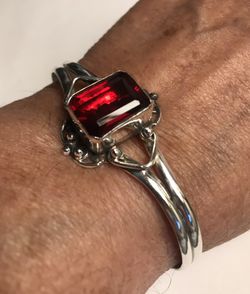 Free Shipping.  Garnet 925 Sterling Silver Cuff Bracelet 