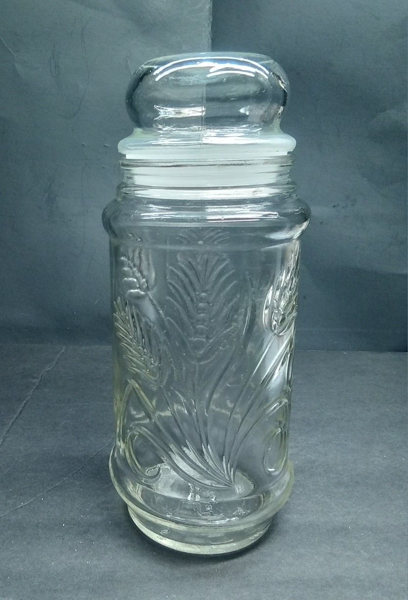 Planters Mr Peanut Glass Apothecary Jar Canister VTG 1982 Wide Pnut Leaf Design